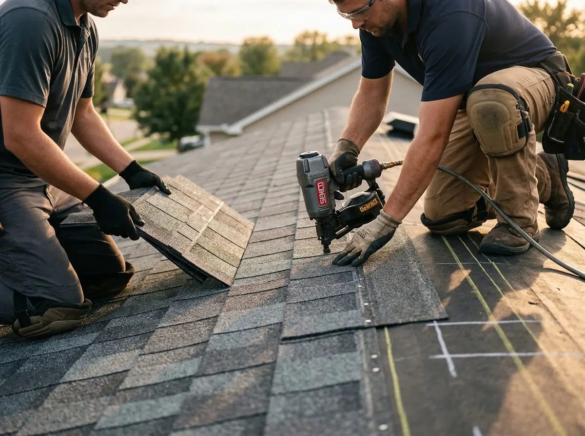 Professional roofer working on a residential roof in Harvey